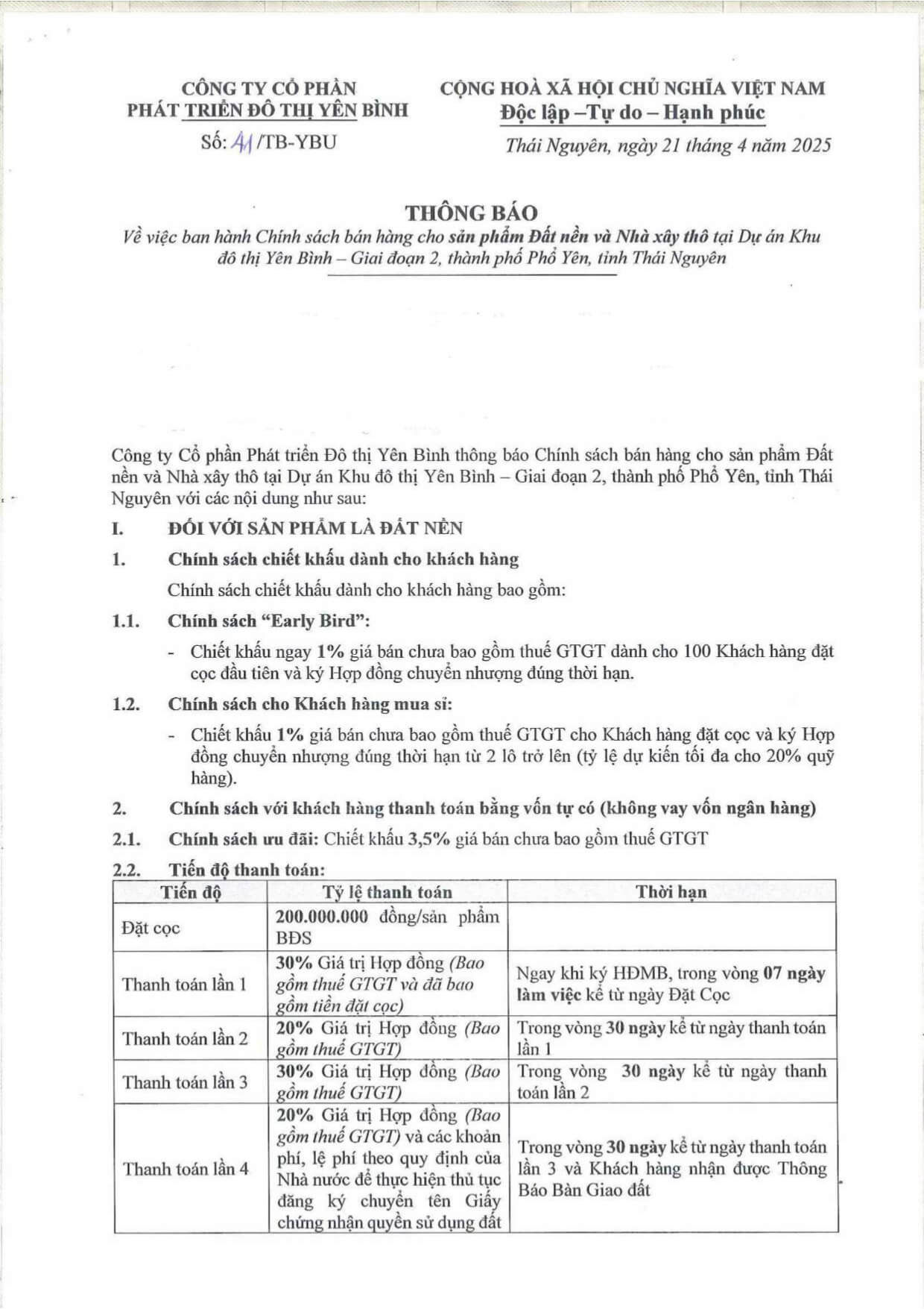 chính sách bán hàng dự án yên bình k-town